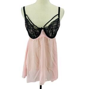 Cacique Sheer Ballerina Pink Black Lace Babydoll Lingerie Womens 14/16